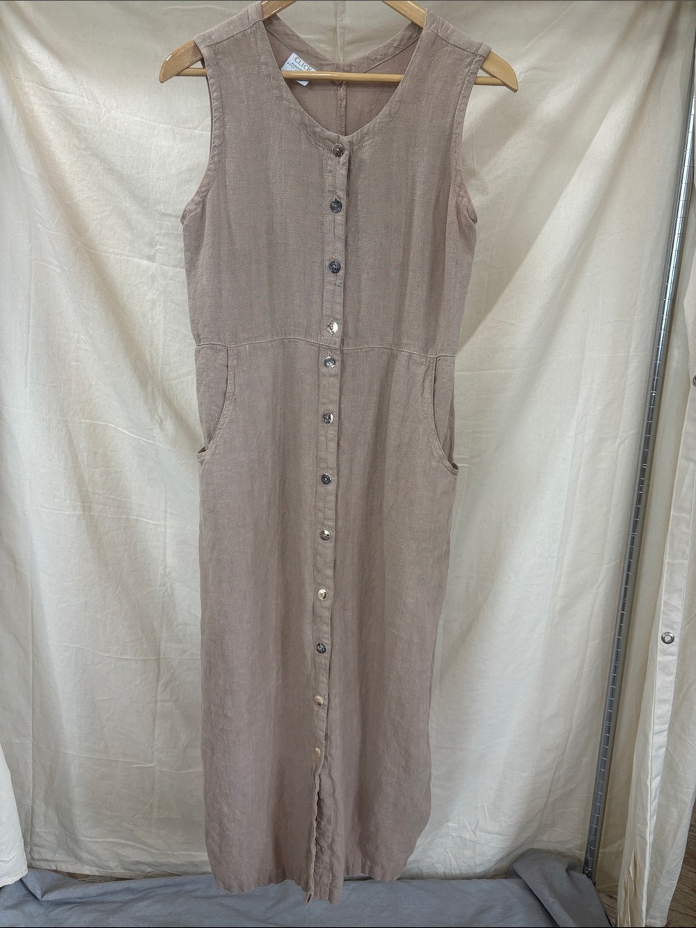 Sleeveless Button-Front Linen Maxi Dress in Taupe